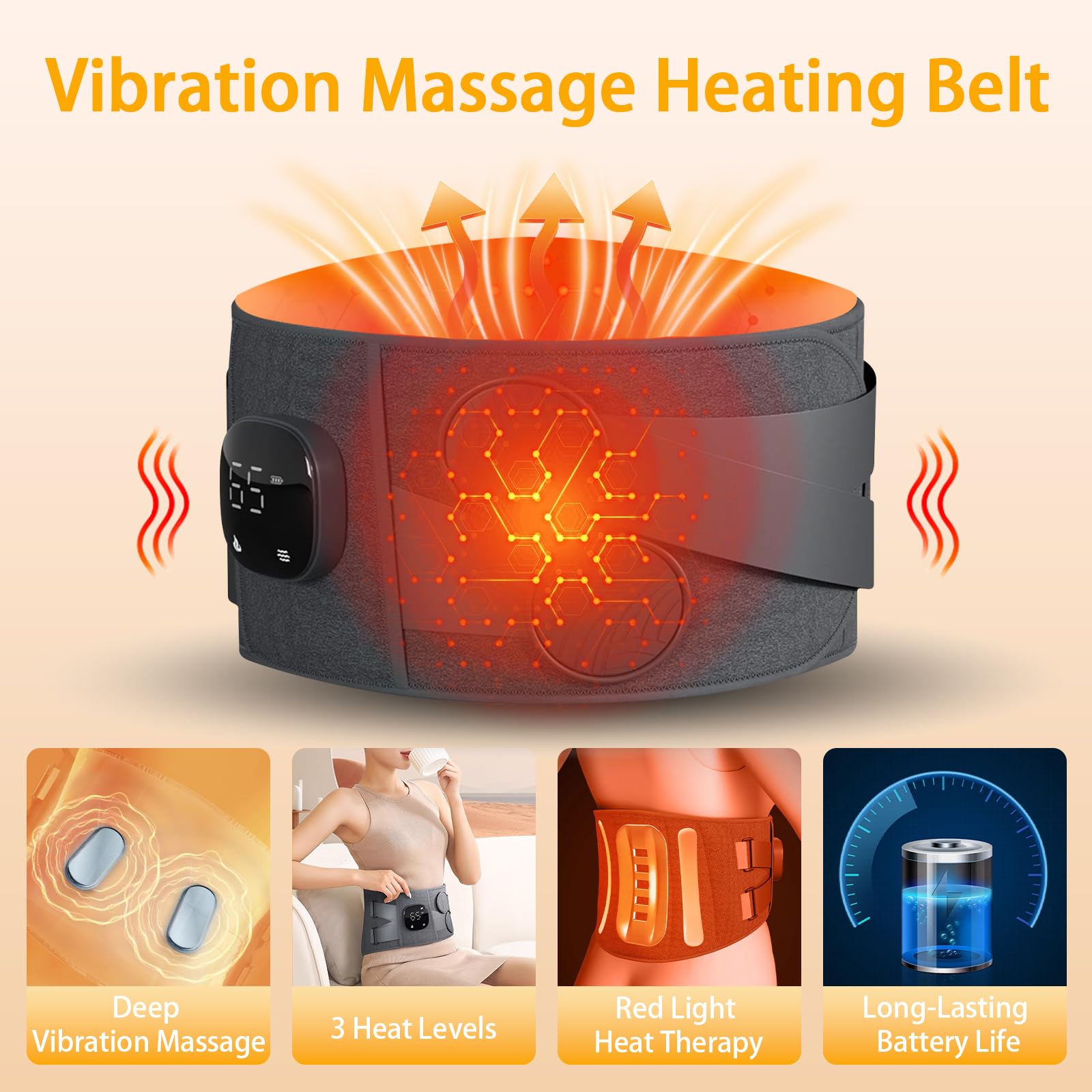 Cinturón Térmico de Vibración con 3 Niveles de Calor y 3 Modos de Masaje, Cinturón Lumbar Eléctrico Inalámbrico con Banda Ajustable y Apagado Automático (110 x 22 cm)