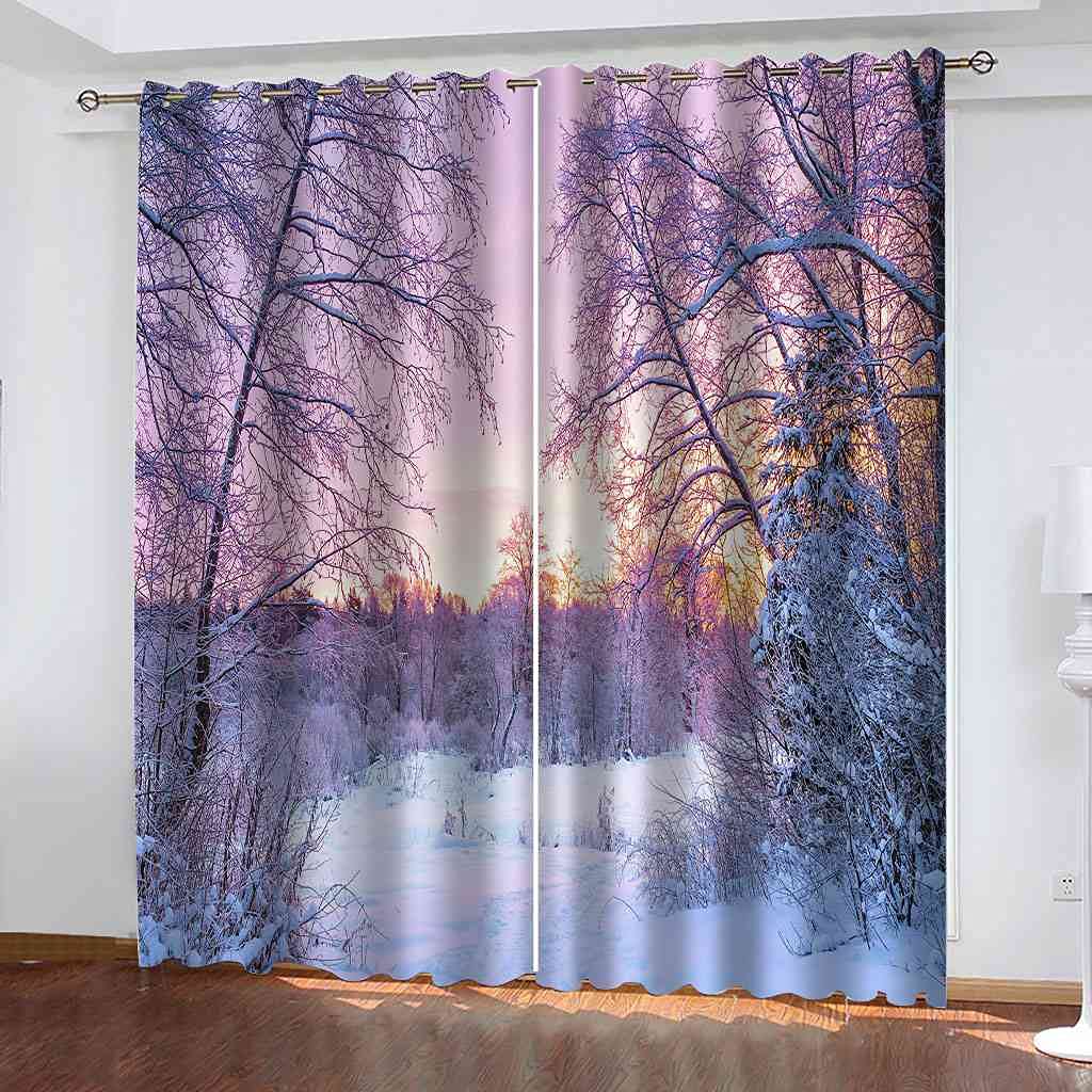 Rideau salon occultant motif forêt enneigée pour instaurer une ambiance cocooning moderne