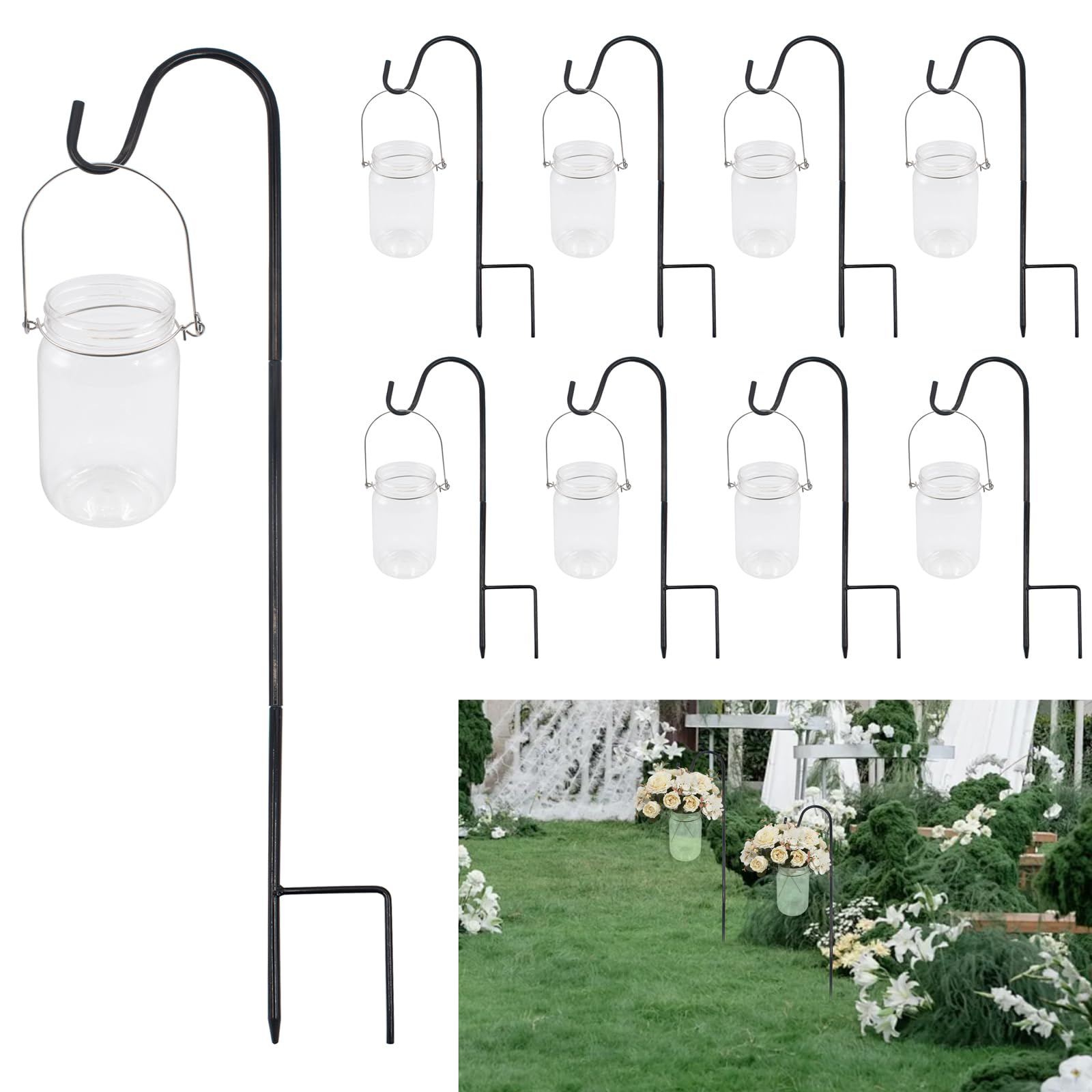 8 Décorations d’Allée de Mariage, Bocaux Mason 450 ml avec Anses et Crochets de Berger 81,5 cm, Décoration de Jardin pour Cérémonie Extérieure (Fleurs Non Incluses)