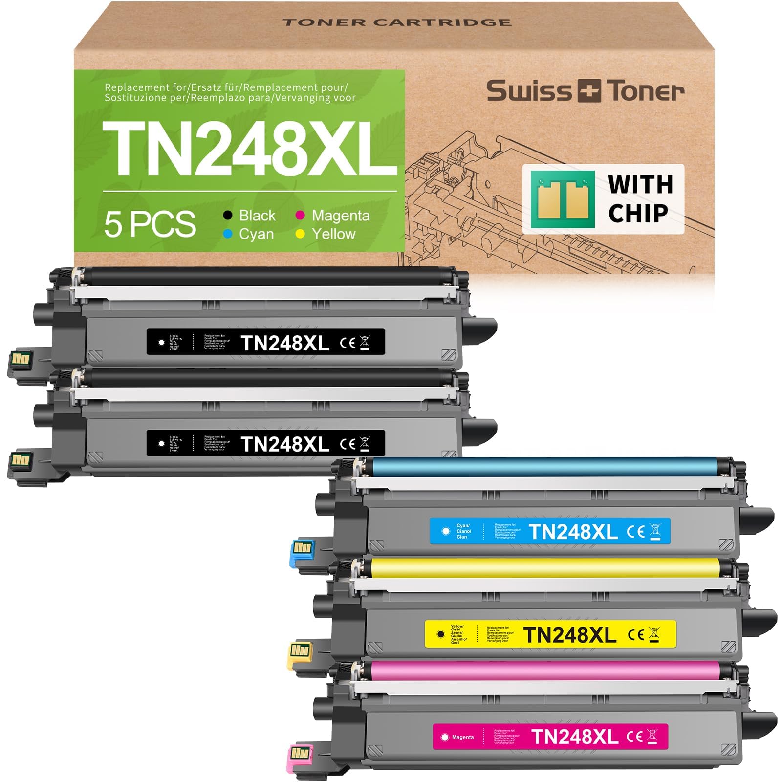 swiss toner TN248XL Compatibile con Brother TN-248XL TN248 TN-248VAL per Brother MFC-L3760CDW Toner MFC-L3740CDW MFC-L3740CDWE DCP-L3560CDW HL-L3240CDW HL-L3220CW 5 Pack