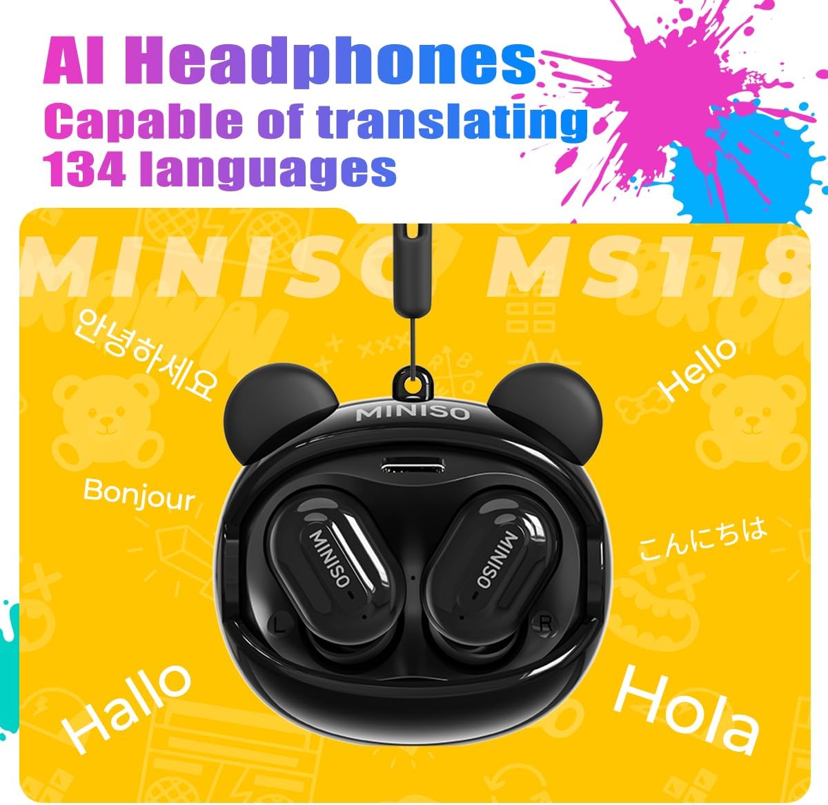MINISO AI Kids Wireless Earbuds with Bluetooth 6.0, Translator Headphones with 134 Languages, 88dB Safe Volume, IPX5 Water Resistance, HD Sound for Kids & Teen, Ear Buds for Android/iOS (Yellow)