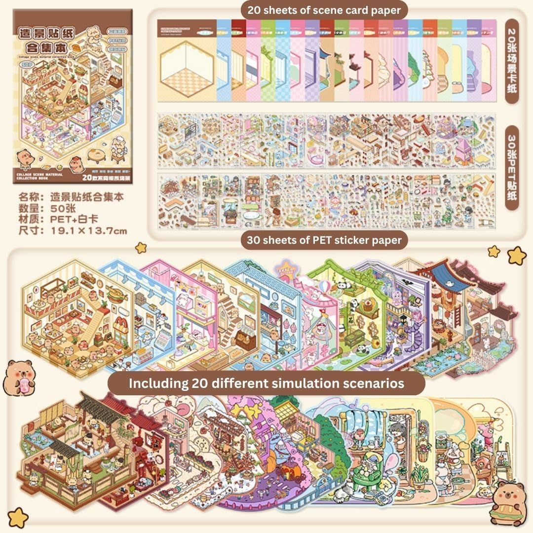 FAMOUS QUALITY 50 Sheet DIY 3D Sticker - Scene Collection Book for Kids, Adults, Cute Make Your Own Shop House Stickers for Gifts, Stickers Therapy, Adult Relief, Stress, Pass The Time, Play Park 3