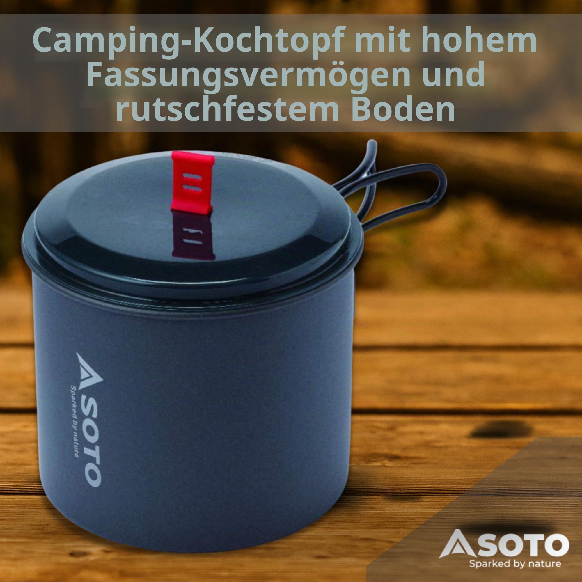 SOTO New River Pot Campingtopf 1000 ml Aluminium mit Deckel, 141 g | Hartanodisiert, BPA-frei; faltbarer Griff, kleines Packmaß; rutschfester Boden; inkl. Tasche; für Solo-Trekking