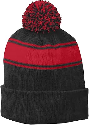 Sport-Tek Stripe Pom Pom Beanie OSFA Black/Tr Red
