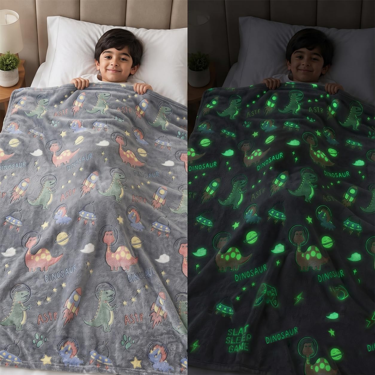 BSB HOME Glow in The Dark Kids Blanket, Soft Flannel Fleece Luminous Blanket for Boys & Girls, Cozy Lightweight Kids Throw for Bed – 30 x 40 in (76 x 102 cm) (Dinosaur & Space Theme - Dark Grey)