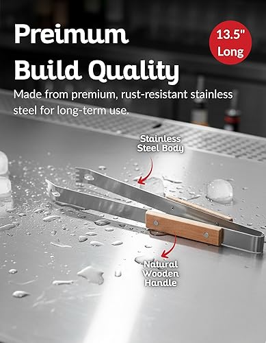 Miniatura 3 de Pinzas para servir de acero inoxidable de 13.5 pulgadas con mango de madera, diseño elegante para hielo, barbacoa, ensalada o bufé, pinzas de cocina