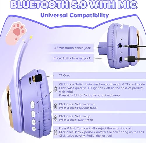 Miniatura 4 de QearFun Auriculares de gato para niñas y niños para la escuela, auriculares Bluetooth para niños con micrófono y conector de 0.138 in, auriculares