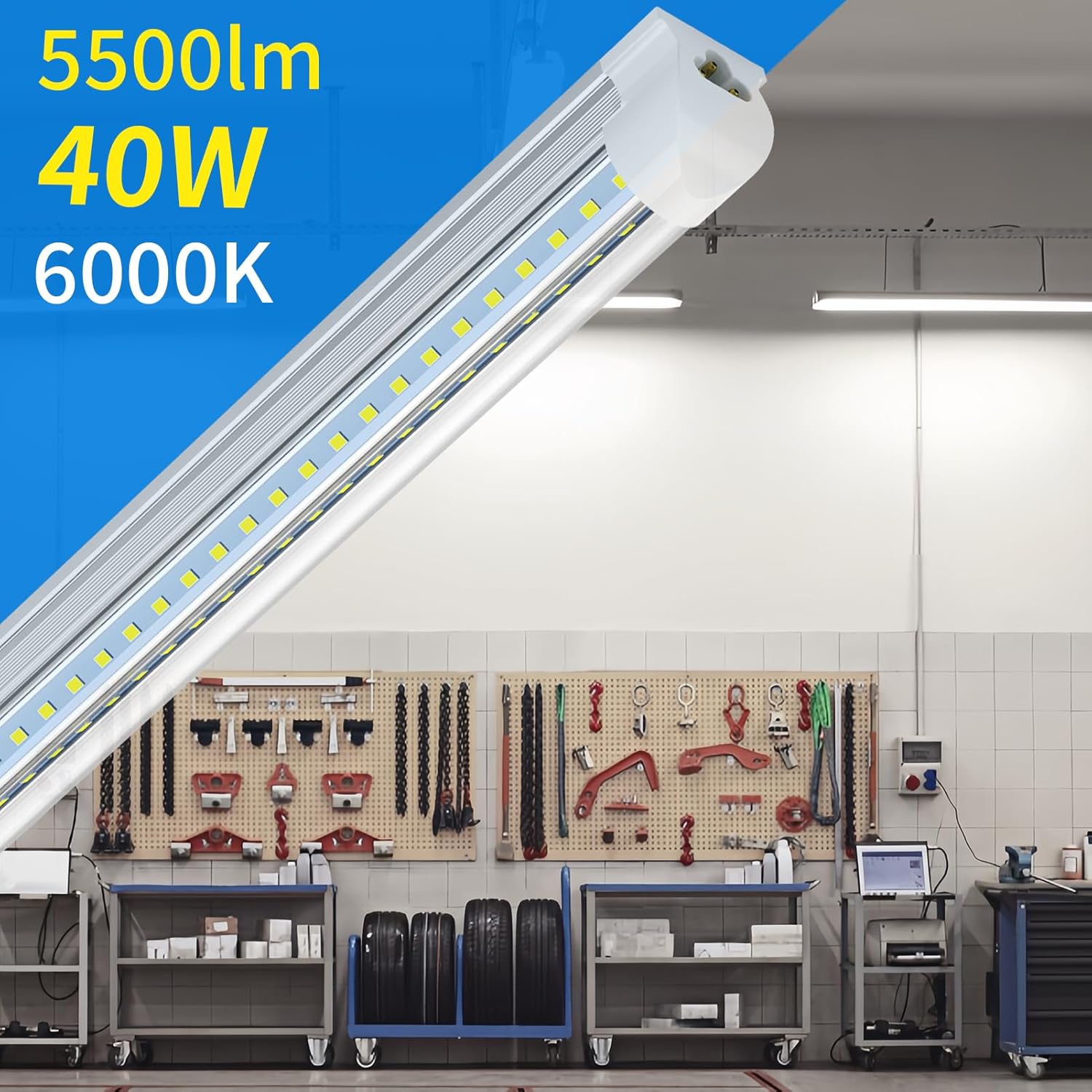 SHOPLED (12-Pack 4FT LED Shop Light, 40W 5500LM 6000K Cool White, Linkable V-Shape T8 LED Tube Lights Fixtures, 4 Foot Shop Lights for Garage Workshop Warehouse, Plug and Play, ETL Listed