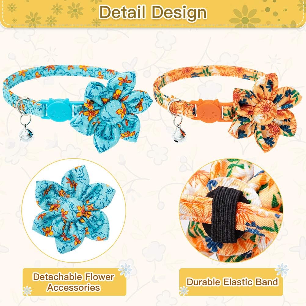 BINGPET Floral Breakaway Cat Collar with Bells, 2 Pack Adjustable Soft Pet Kitten Collars with Adorable Flower Patterns and Detachable Flower Accessories for Cats Kitties