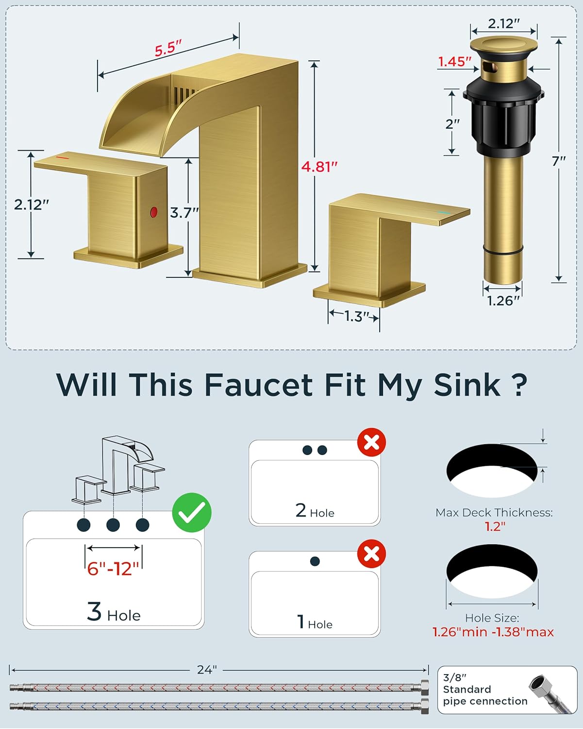 FORIOUS Square Brushed Gold Bathroom Faucets 3 Hole, Waterfall 8 Inch Widespread Bathroom Sink Faucet with Metal Pop-up Drain and Supply Lines, Two Handles for Vanity, Lavatory, Restroom - Image 3