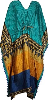 Womens Blue Kaftan Maxi Dress Printed Sari Drawstring Sleepwear Caftan 3XL