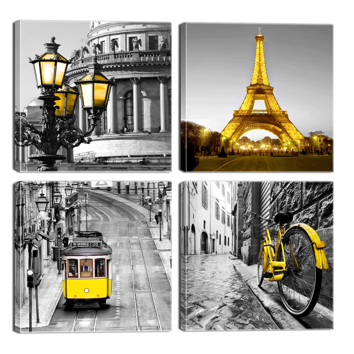Yellow Paris Eiffel Tower Decor Black and White City Canvas Wall Art Modern Paris Pictures Artwork for Bedroom Living Room Bathroom Office Home Decor 12"X12"X4