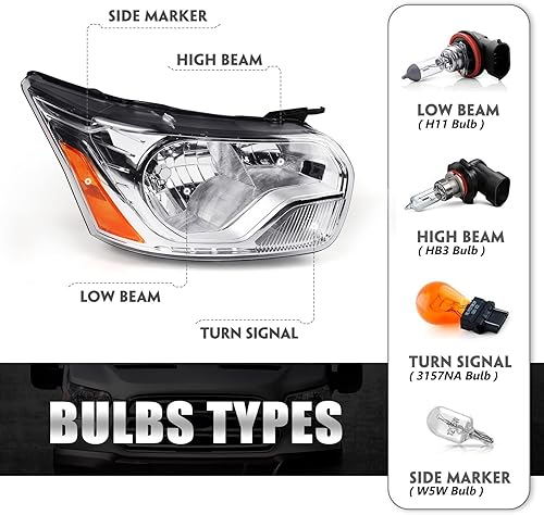 Miniatura 4 de FIONE Conjunto de faros compatible con Ford Transit 150 250 350 2015-2020 Carcasa cromada lado derecho del pasajero derecho derecho derecho