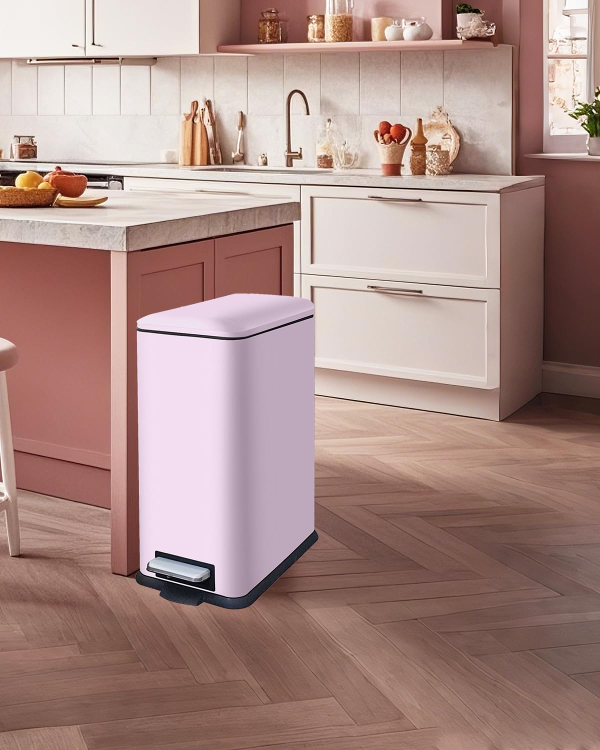 Papelera de cocina - 30 l - Fina - Con pedal - Con tapa - De acero inoxidable - Con cubo interior - Rectangular - Para cocina, baño, dormitorio, oficina - Rosa