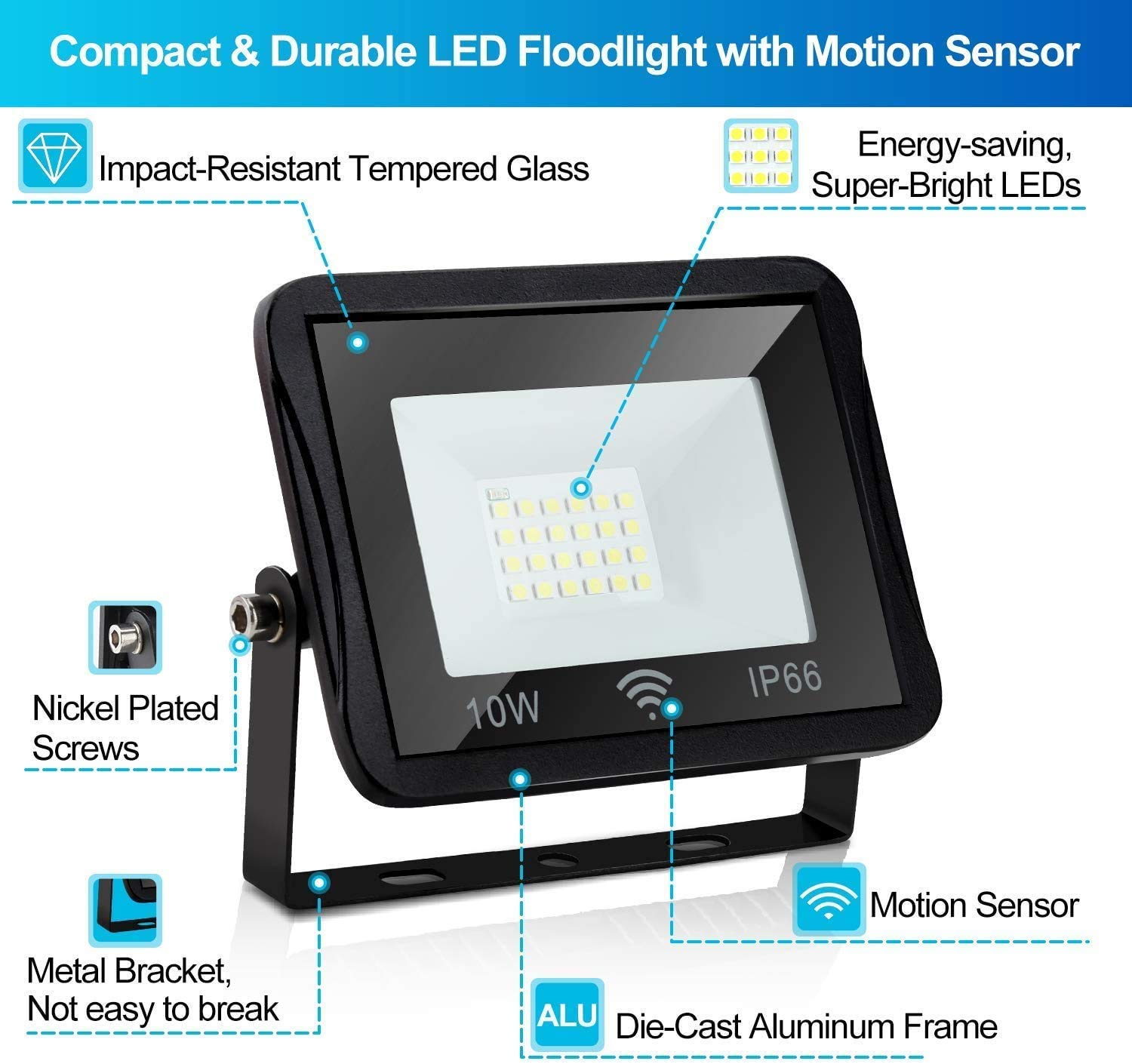 Proyector LED Foco LED con sensor de movimiento |Luces de inundación con sensor LED de 1000 LM, luces de seguridad para exteriores IP66 para luces de seguridad de patio, patio trasero y garajes