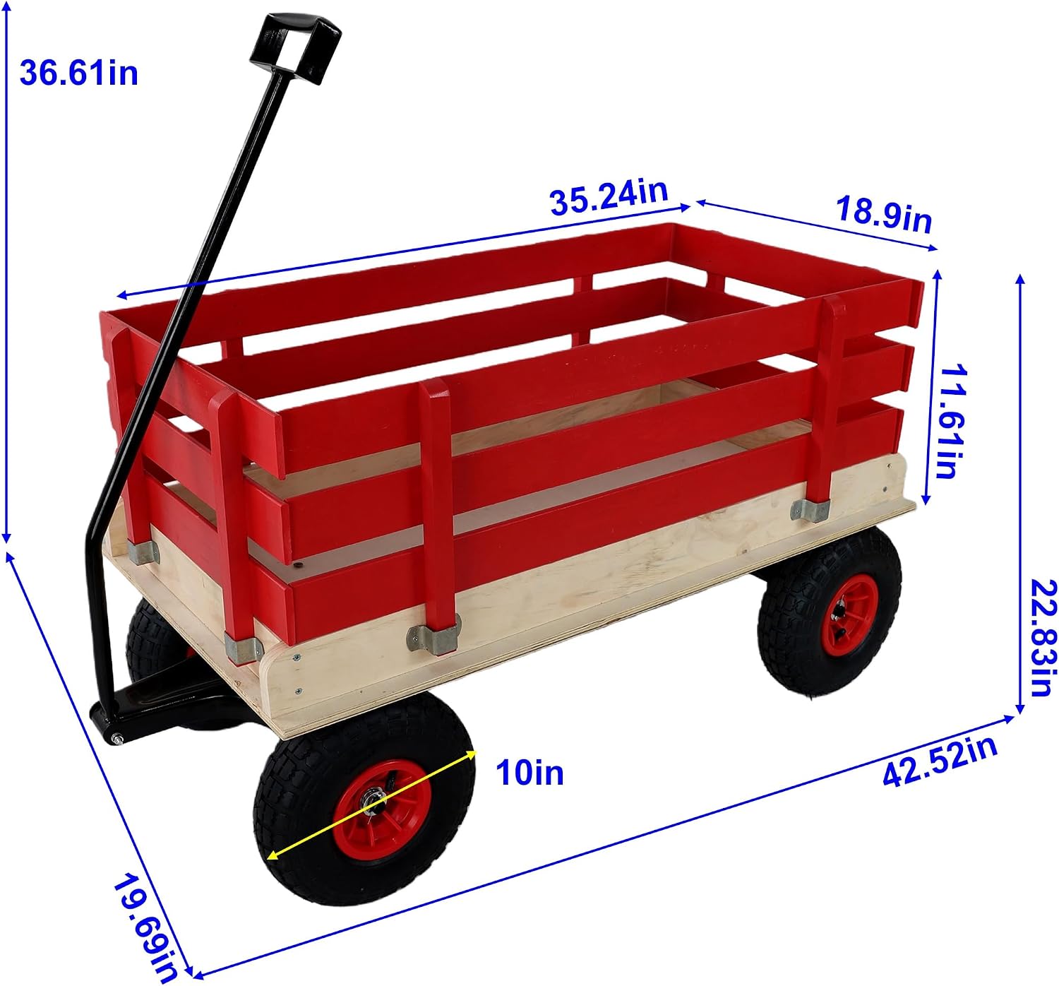 Red Wooden Wagon Cart with Folding Handle, Heavy Duty All-Terrain Kids Wagon for Outdoor, Garden, Camping, and Beach – Classic Pull-Along Utility Wagon, Rubber Inflatable Wheels