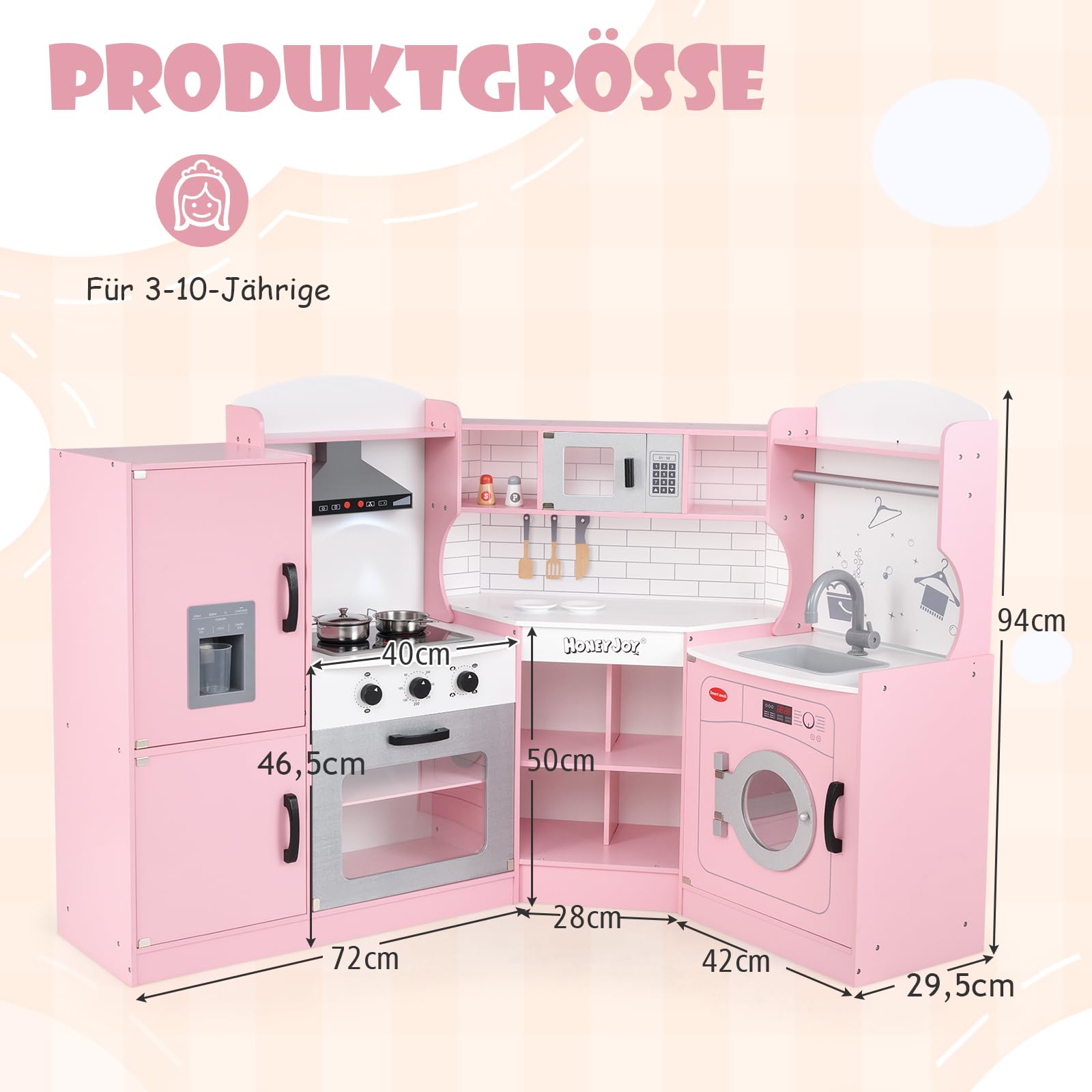DREAMADE Kinderküche mit Licht und Sound, Kinder Küche Eckküche aus Holz mit Herd Spüle Backofen Waschmaschiene, Spielküche mit 14 TLG. Spielzubehör für Kinder ab 3 Jahren (Rosa)