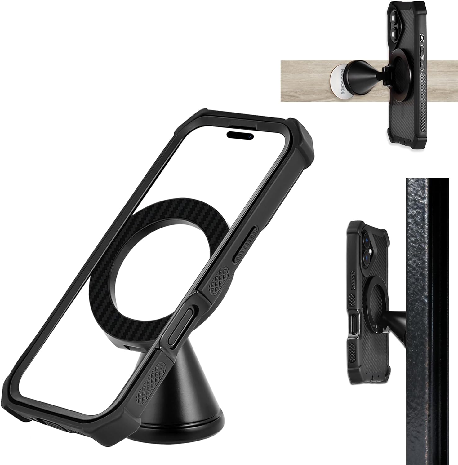 Multi Function Dual Magnet Dash Phone Mount Holder for Magsafe iPhone 17 Pro Max Android Gym Truck Car Van & Wall, Rugged Aluminum Magnetic Mobile Phone Holder Stand for Kitch Wood Bathroom & Desk