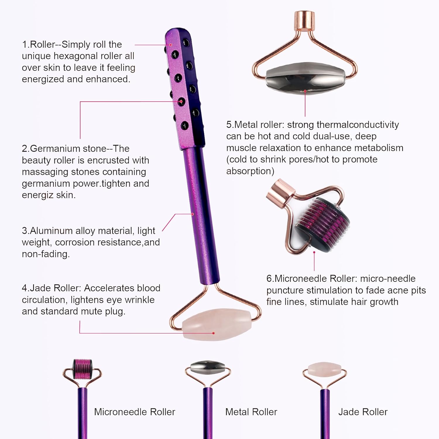 4-in-1 Germanium Stone Face Massager Beauty Roller for Up Lifting and Skin Care, Anti-Aging Beauty Tool with 3 Replaceable Heads - Jade Stone, Stainless Steel and 0.25mm Microneedle - Image 7