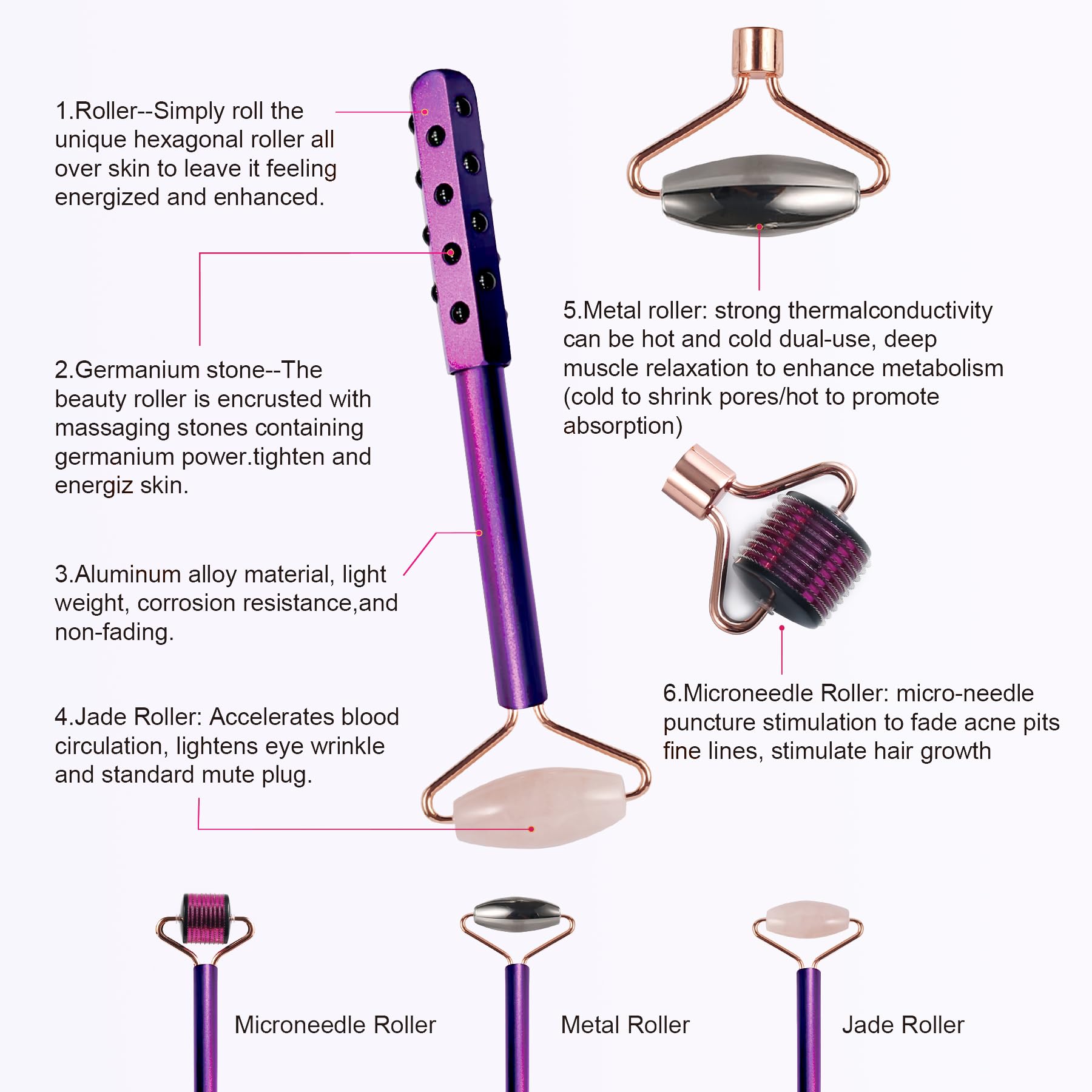 4-in-1 Germanium Stone Face Massager Beauty Roller for Up Lifting and Skin Care, Anti-Aging Beauty Tool with 3 Replaceable Heads - Jade Stone, Stainless Steel and 0.25mm Microneedle