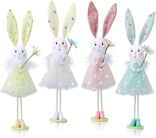 Miniatura 3 de DUBEDAT 4 figuras de conejo de Pascua de pie de 9.45 pulgadas, conejito de peluche pastel de primavera con flores, linda muñeca de conejo para