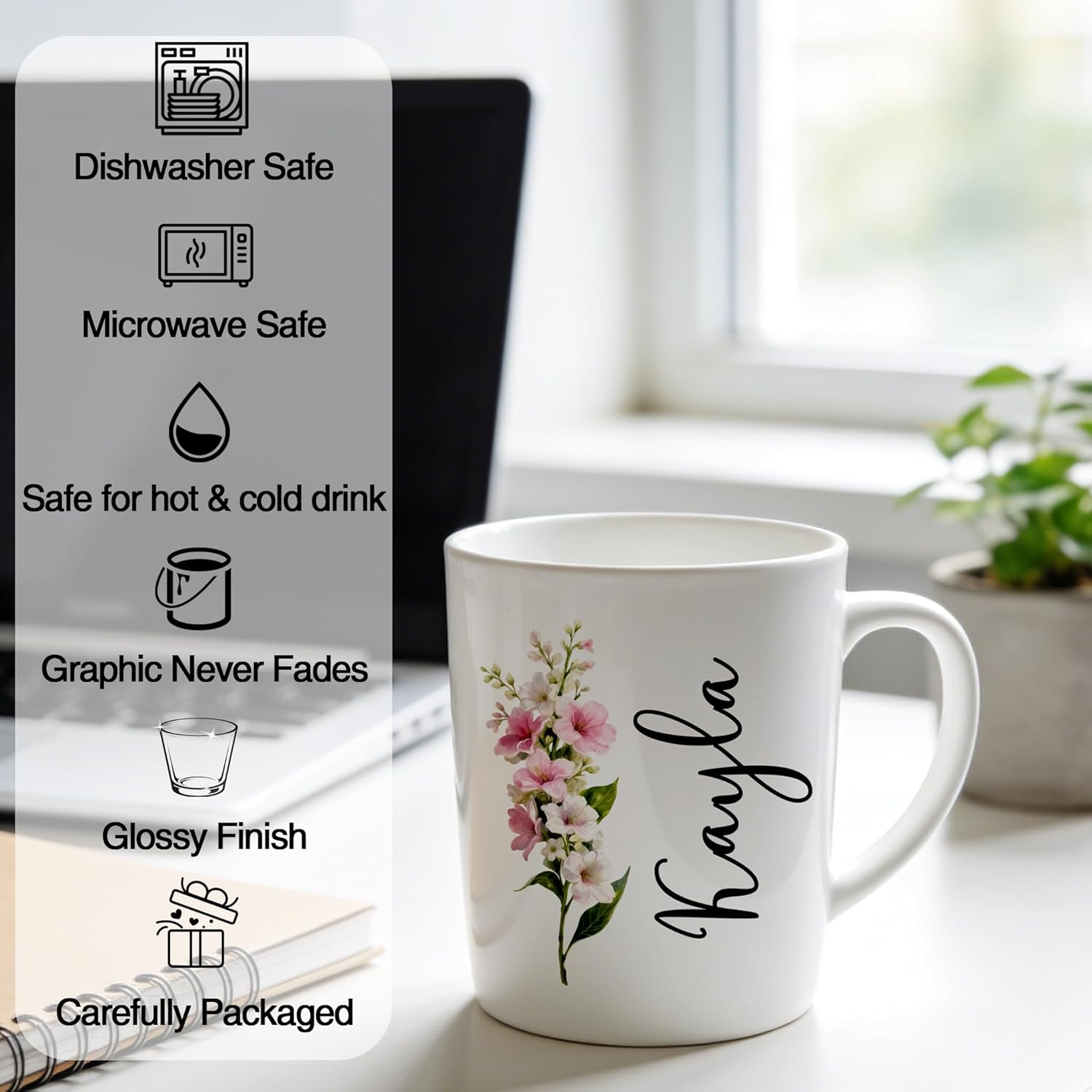 Custom Coffee Mug with Birth Flower & Name - 11oz Large Ceramic Personalized Coffee Cup for Women, Pretty Floral Tea Mugs Gift for Mom Wife Grandma Daughter Sister Coworker Best Friend Birthday - Image 2