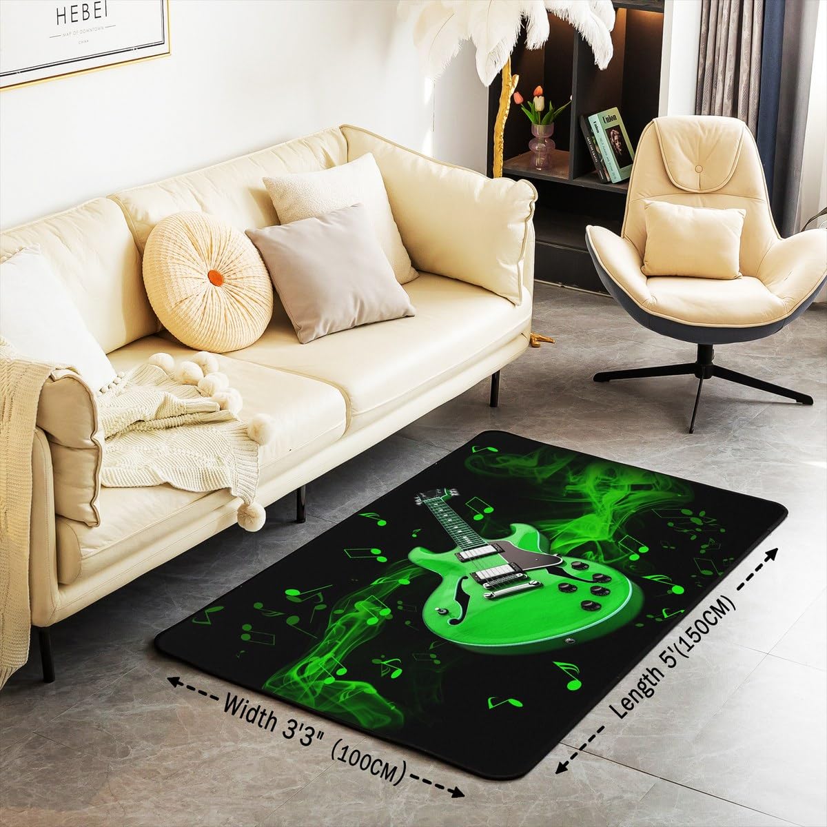 Tappeto decorativo con chitarra elettrica 3D, per bambini, adolescenti e adulti, 150 x 200 cm, per bambini e ragazzi, a tema musica hip hop, decorazione per soggiorno, antiscivolo, per comodino,