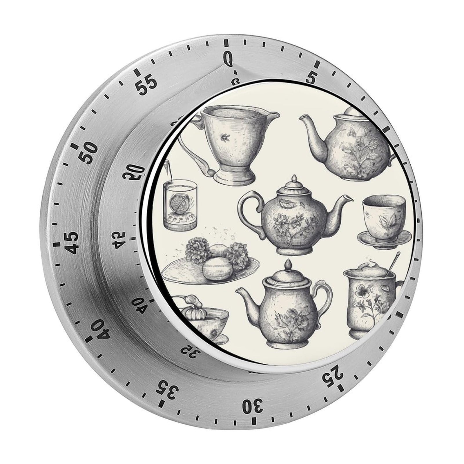 Hand Drawn Teapots and Cups Timer Exquisite Stainless Steel Body Mechanical Desk Timers 60 Minutes Visual Countdown Timers with Magnetic Backing Loud Alarm Kitchen Timer for Cooking