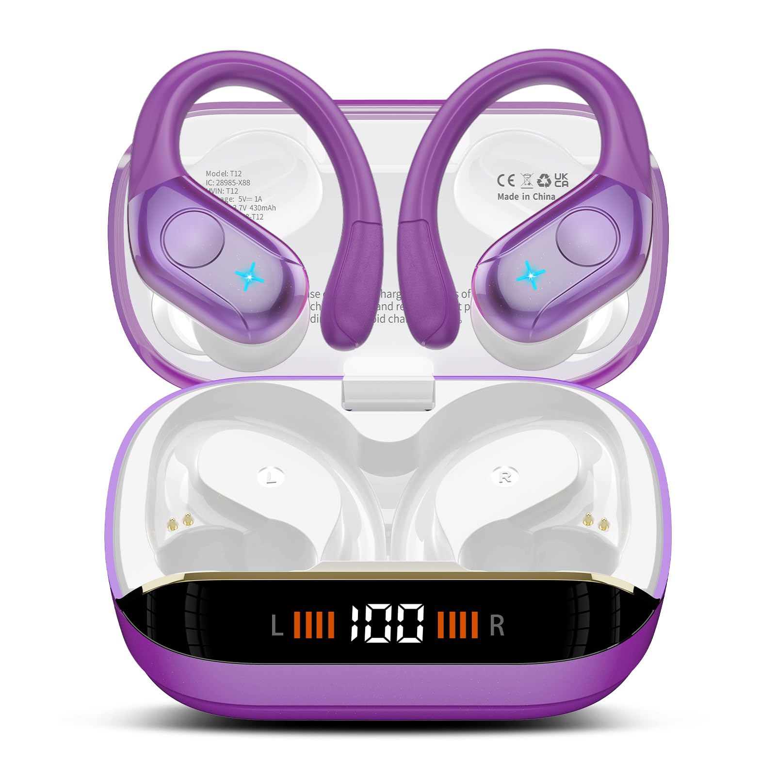 Qecnato 75H Sports Wireless Earbuds Bluetooth 5.4 Headphones Stereo, Purple