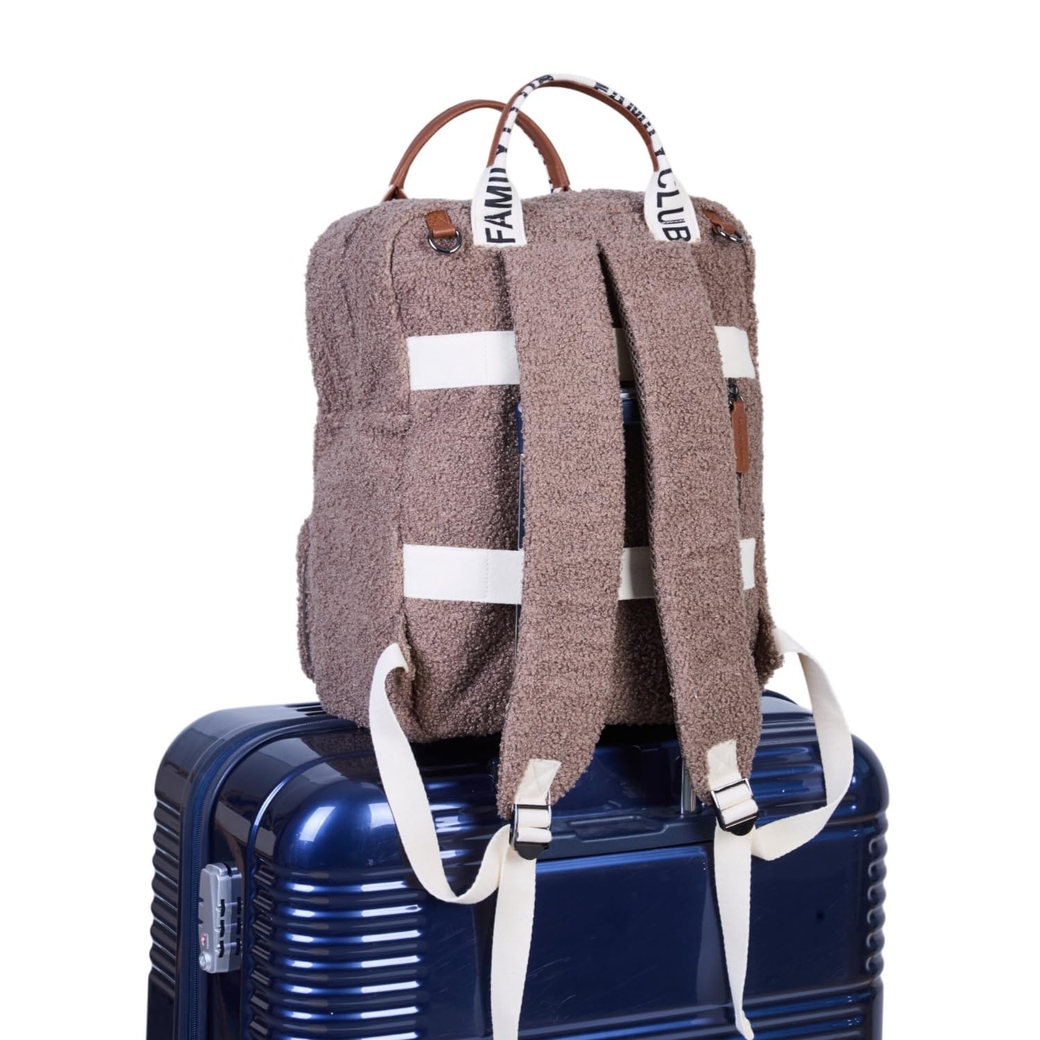 CHILDHOME, Sac à dos à langer Family Bag, Grande capacité, Multifonctionnel, Tapis à langer inclus, 11 Compartiments, Pochette Isotherme, Passage Trolley-valise, Accroche Poussette, 20.5L, Teddy Brun