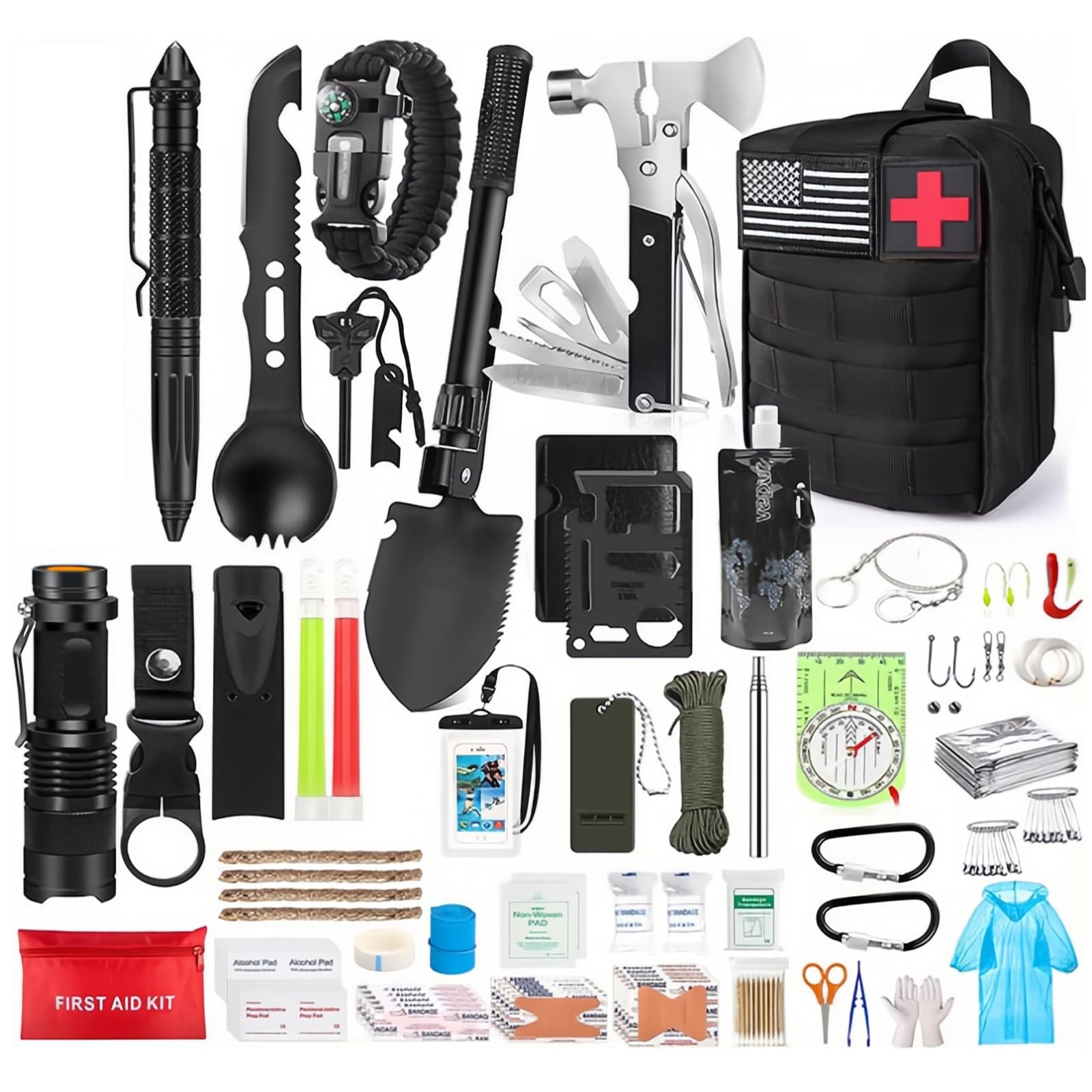 Überlebensset, 210-teiliges Taktisches Überlebenswerkzeug-Set mit Notfalltasche, Erste-Hilfe-Set und Tasche für Bergsteiger- und Angelausrüstung für Erdbeben, Flucht und Outdoor-Abenteuer