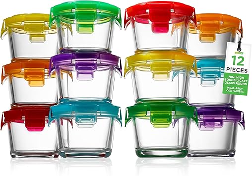 NutriChef 24-Piece (12 Glass Food Storage Containers and 12 Lids), 4.48oz Mini Stackable Meal Prep Round Containers - Microwave, Freezer, & Dishwasher Safe For Baby Food, Snacks, Fruits, Nuts & More