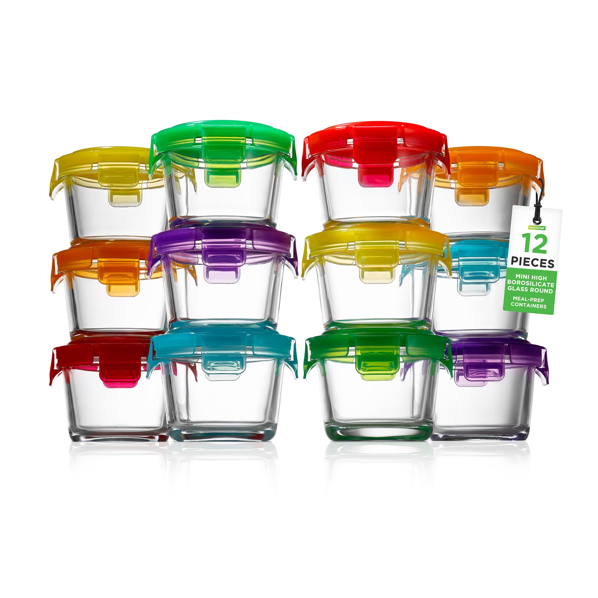 NutriChef 24-Piece (12 Glass Food Storage Containers and 12 Lids), 4.48oz Mini Stackable Meal Prep Round Containers - Microwave, Freezer, & Dishwasher Safe For Baby Food, Snacks, Fruits, Nuts & More