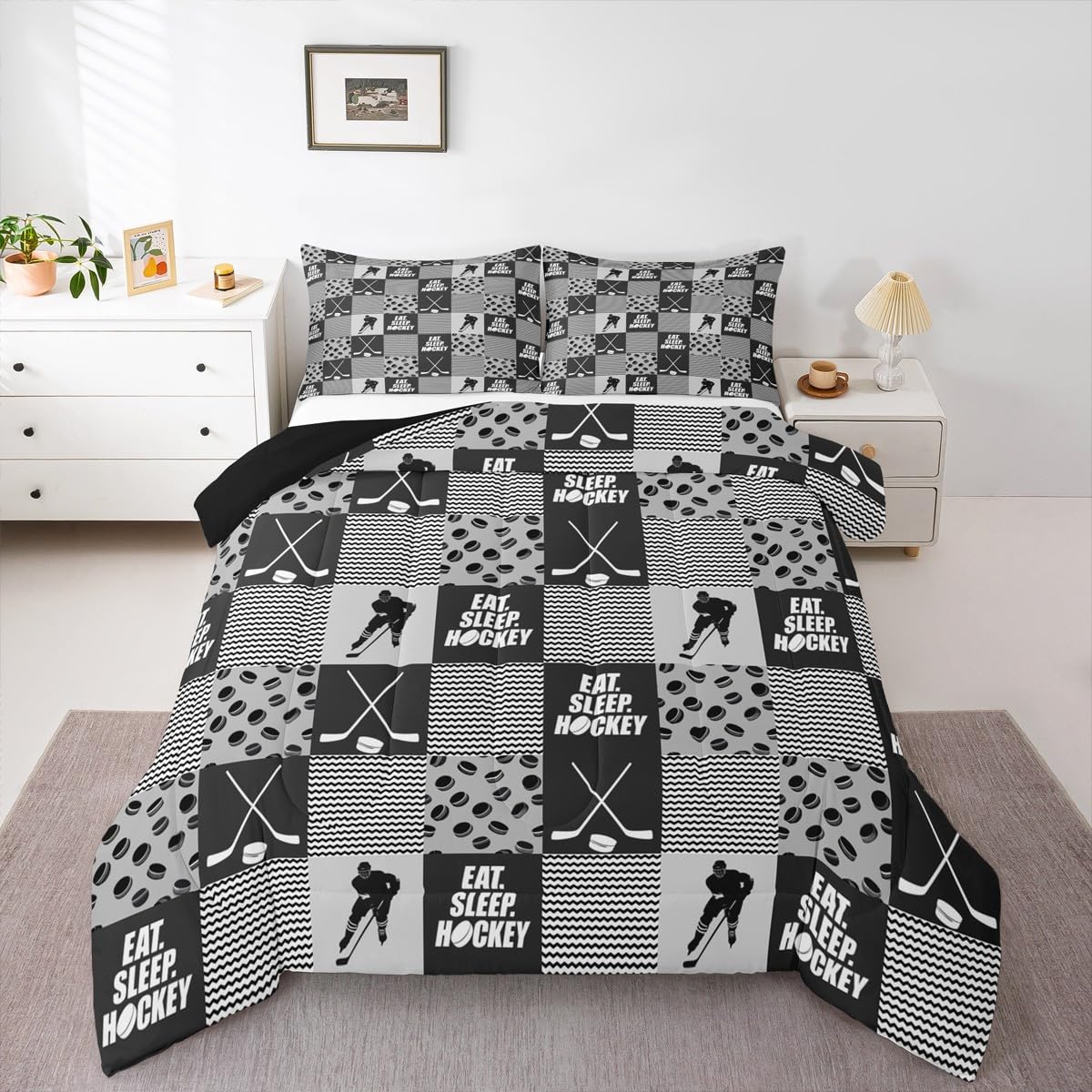 Ice Hockey Bedding Sheet Set For Boys Full Size - Black White Grey Sports Theme With Hockey Pucks & Stripes