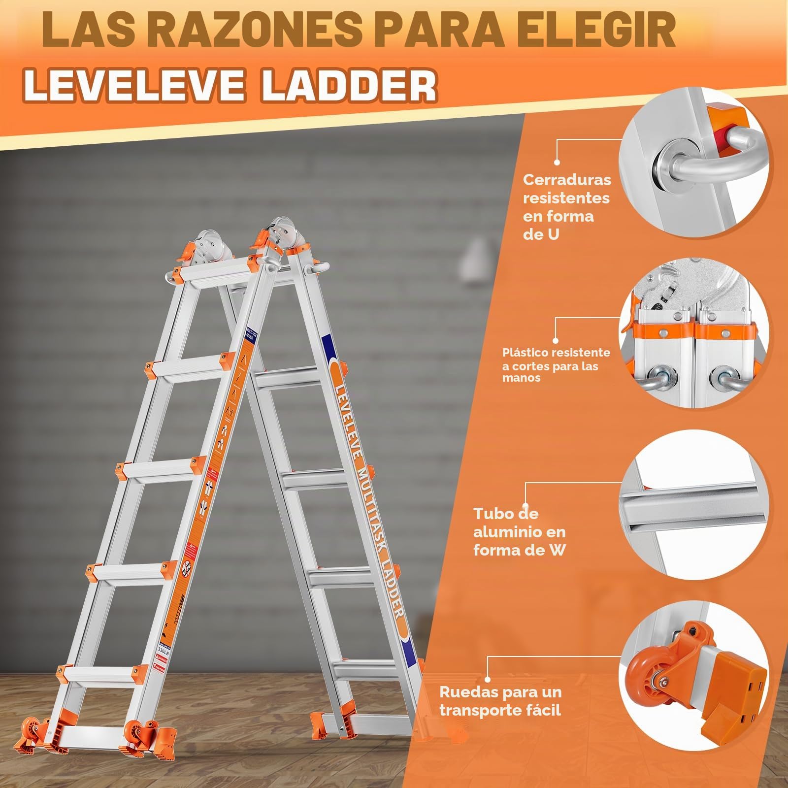 Escalera de 3 peldaños con Varias Posiciones, Escalera Deslizante de 3,3 m con estabilizador y Ruedas, Carga de Seguridad de 150 kg, una Escalera de Marco para escaleras, hogar, Interior, Exterior y