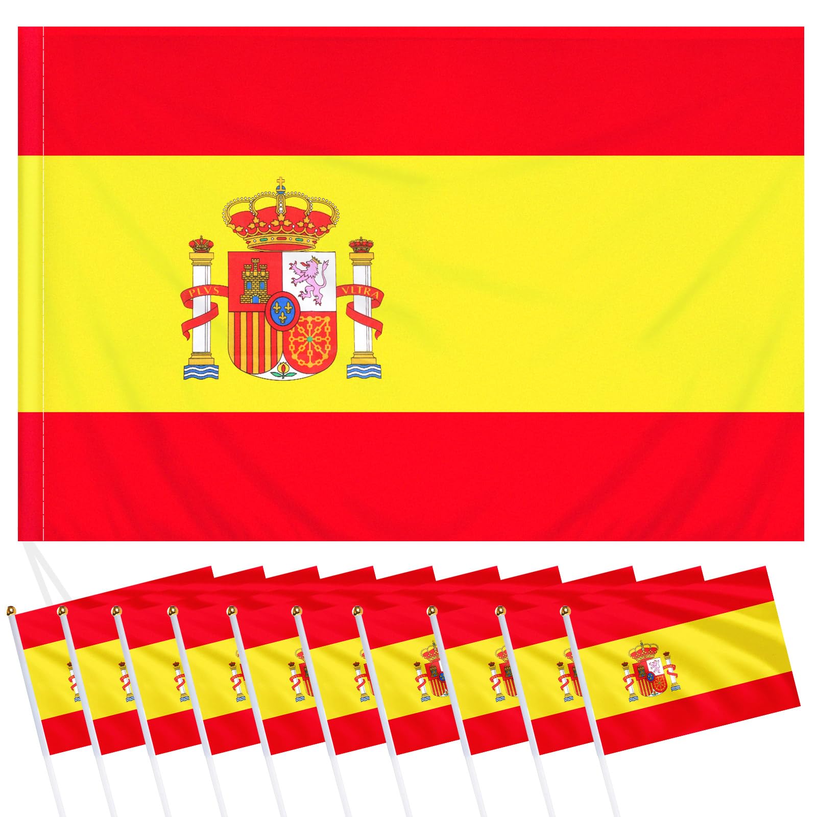 Bandera de España Grande de 90x145 cm + 10 Piezas Mini Bandera España de 14x21 cm, Bandera Real Madrid de Poliéster para Olímpicos, Euro 2024