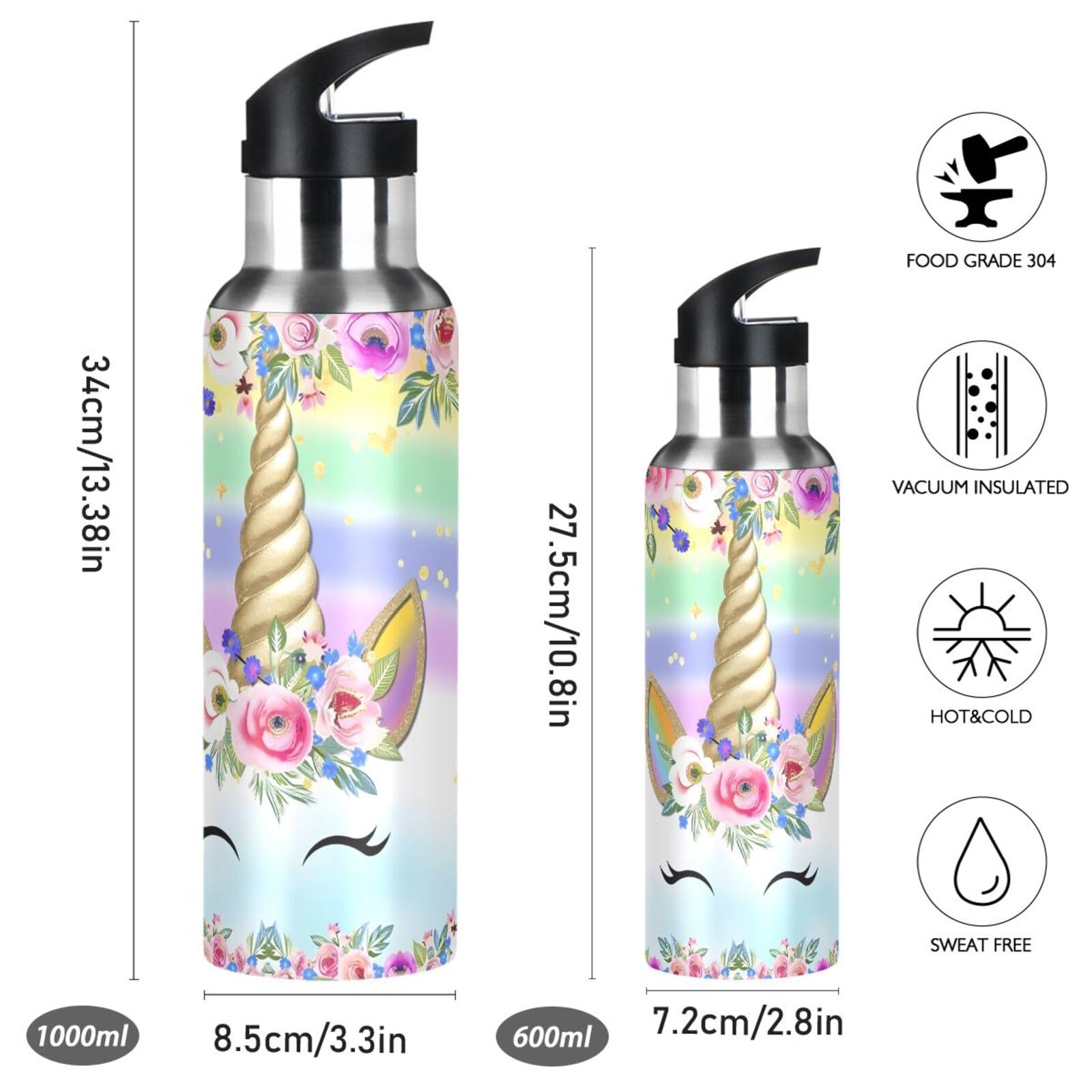 Linda botella de agua de unicornio para niños, termo aislado para niños y niñas, botella de agua fría caliente con tapa de popote para deportes, gimnasio, correr, 20 onzas