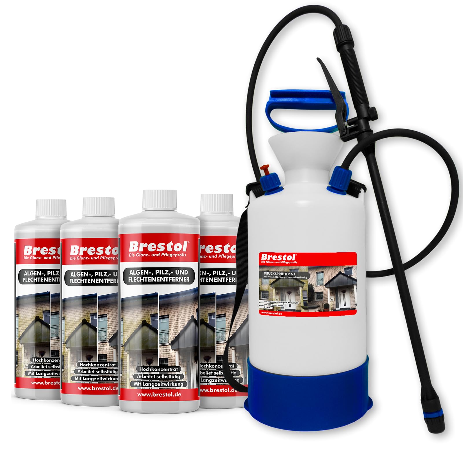 BRESTOL® Algenentferner Pilzentferner Flechtenentferner 4x 1000 ml Konzentrat + 7 Liter Drucksprüher säurebeständig - Grünbelagsentferner Grünbelagentferner