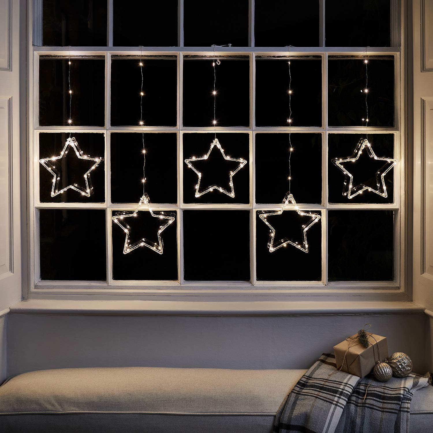 Lights4fun 2x 2m 100er Micro LED Sternenvorhänge warmweiß Weihnachtsbeleuchtung mit Timer Weihnachtsdeko Fenster