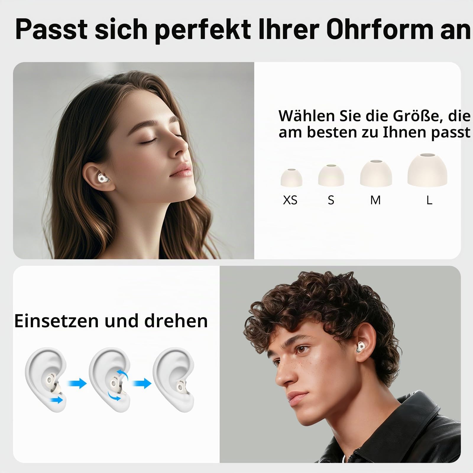 Ohrstöpsel zum Schlafen, 45dB Noise Cancelling Gehörschutz Earplugs, weiß | Weich und Wiederverwendbar, 8 Ohrstücken in 4 Größen (XS/S/M/L), Silikon Ohrenstöpsel für Flugzeug Konzert Schnarchen