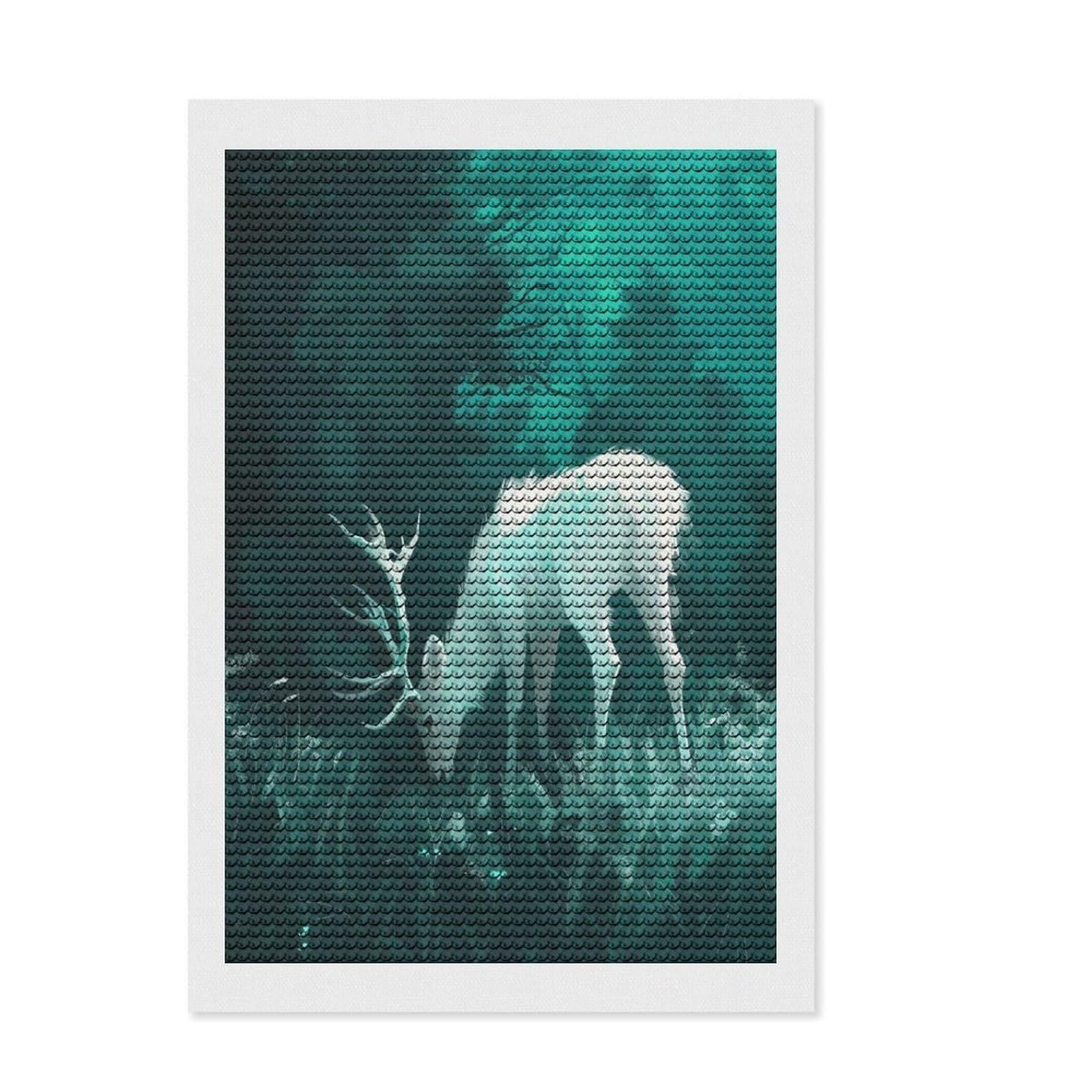Junmoney White Deer in Forest Round Drill Diamond Painting 8"x12", for Adults, Neat Printed Canvas, Holiday Gift Idea, Boho Decor, with Tool Kit
