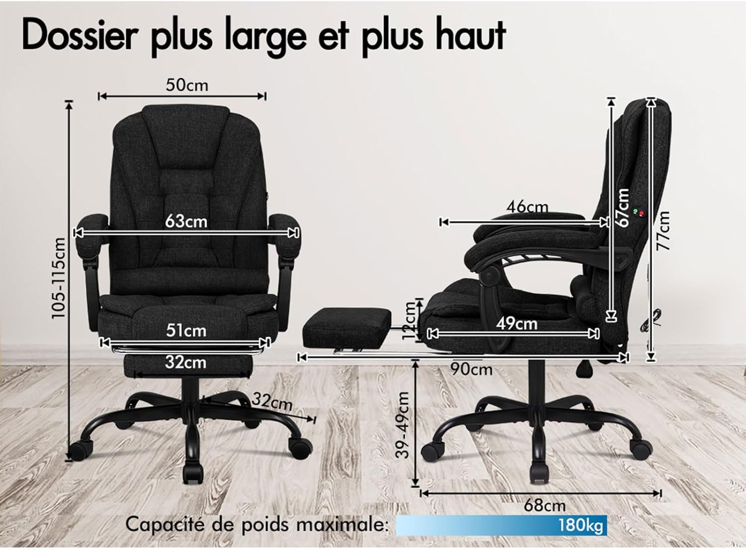 Diagram showing dimensions of the ALFORDSON office chair, including backrest width, seat depth, and overall height range.