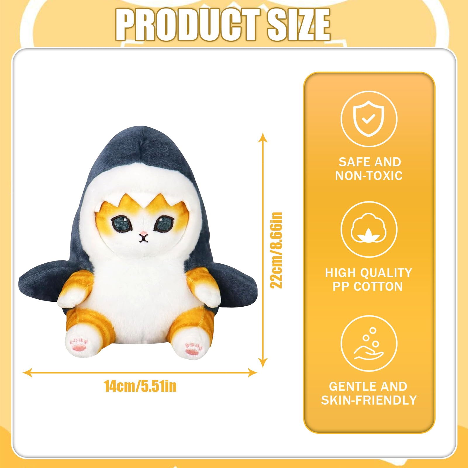 Gato Juguetes de Peluche,22 cm Gato Tiburón Muñeca Felpa,Animales de Peluche de Tiburón,Shark Cat Muñeco de Peluche para Niños Niñas y Fanáticos (Amarillo)