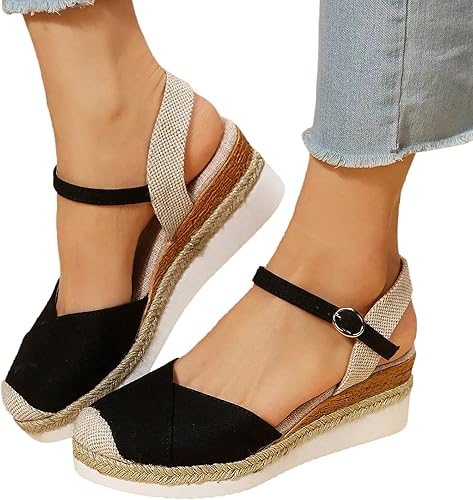 Miniatura 1 de HOSTINGG Sandalias de moda para mujer, sandalias de playa, alpargatas, sandalias de cuña con plataforma cerrada, correa de tobillo, Z02-negro