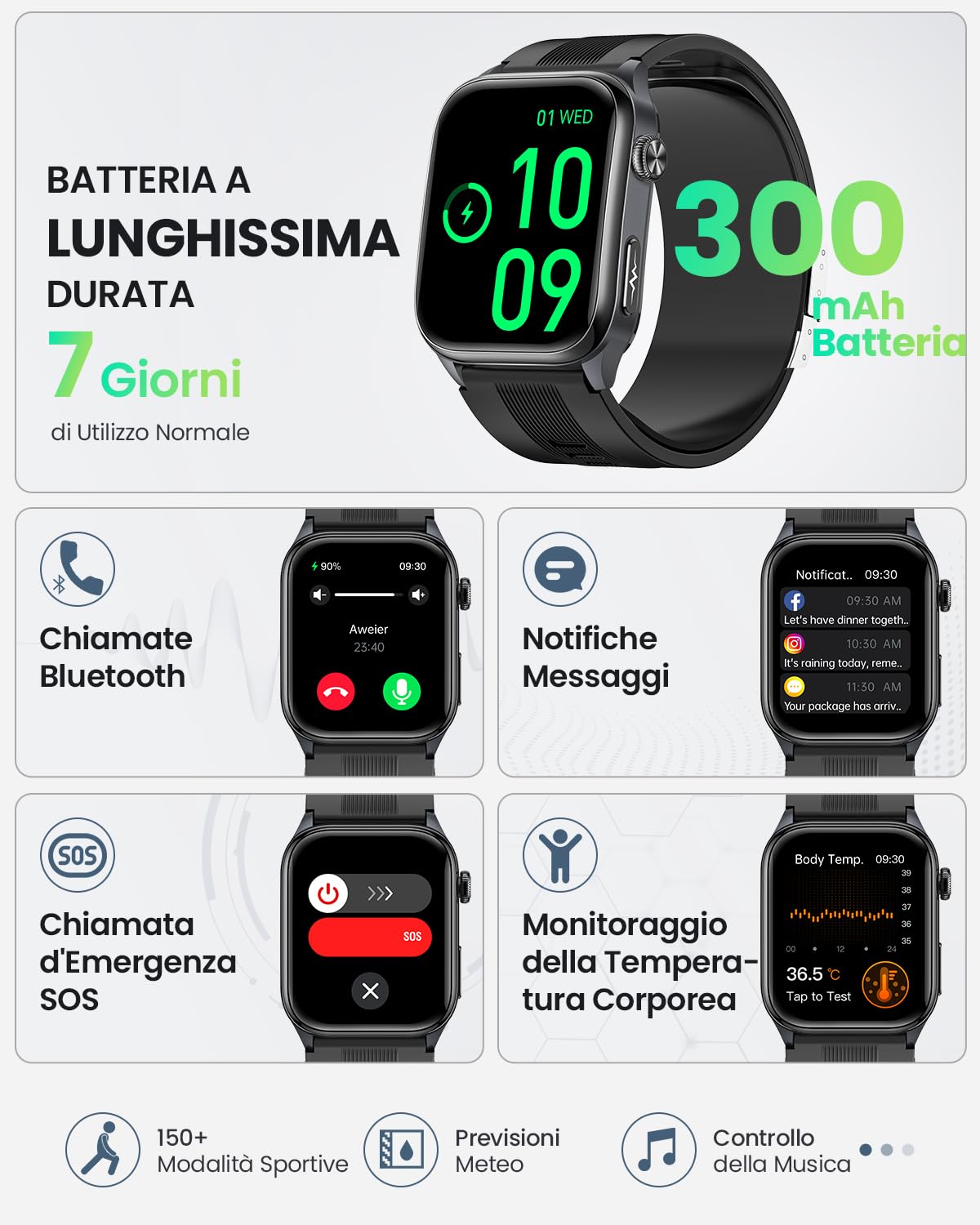FOSMET S101 Smartwatch Uomo Pressione Sanguigna, Airbag, ECG, HRV, Nero