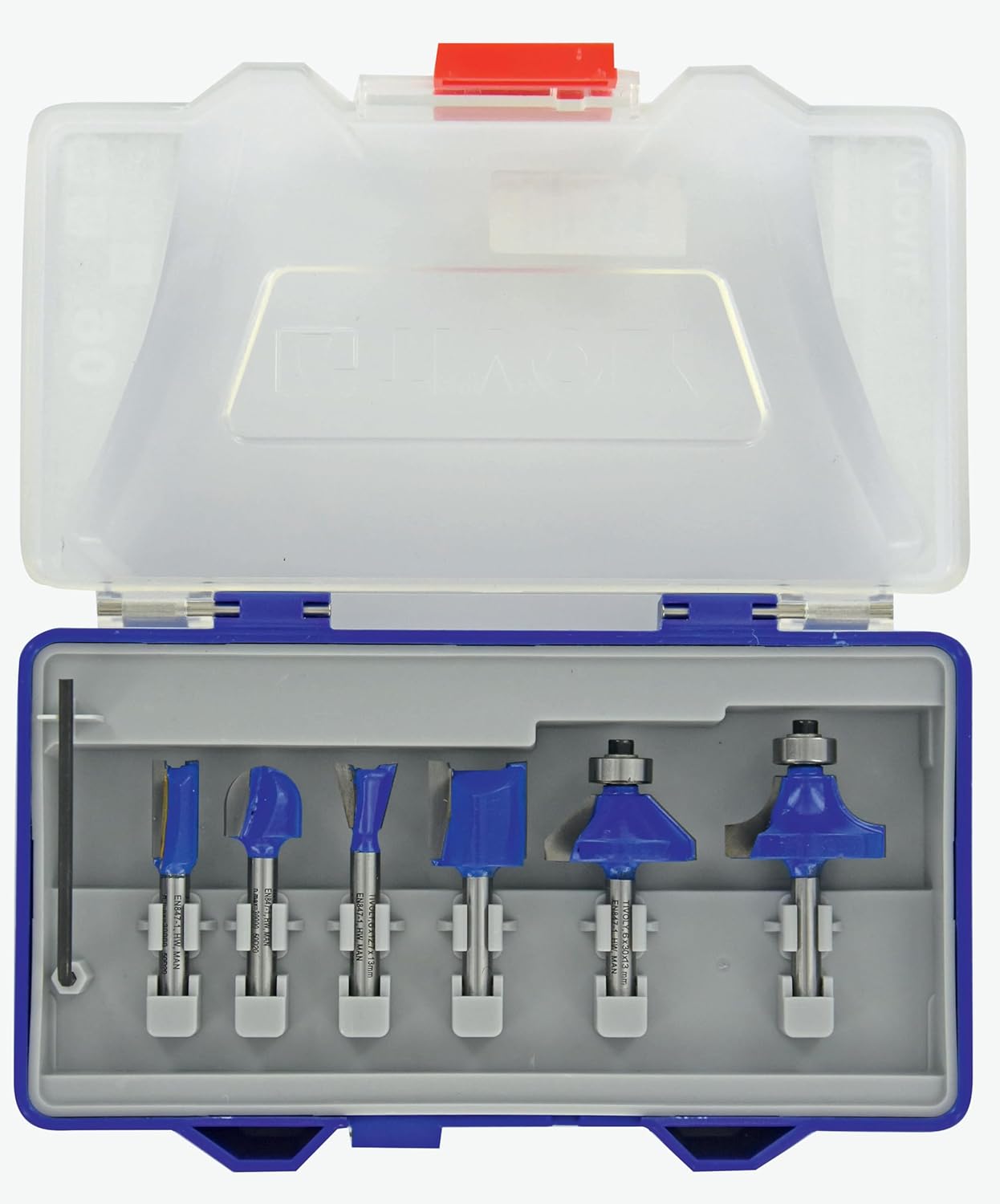 TIVOLY - Multi Shape Router Bit Set 6 pieces-1/4" -6mm Shank - Carbide Blade - 2 Straight Bit - 1 round over Bit - 1 Dovetail Bit - 1 Chamfer Bit - 1 Core Box Bit