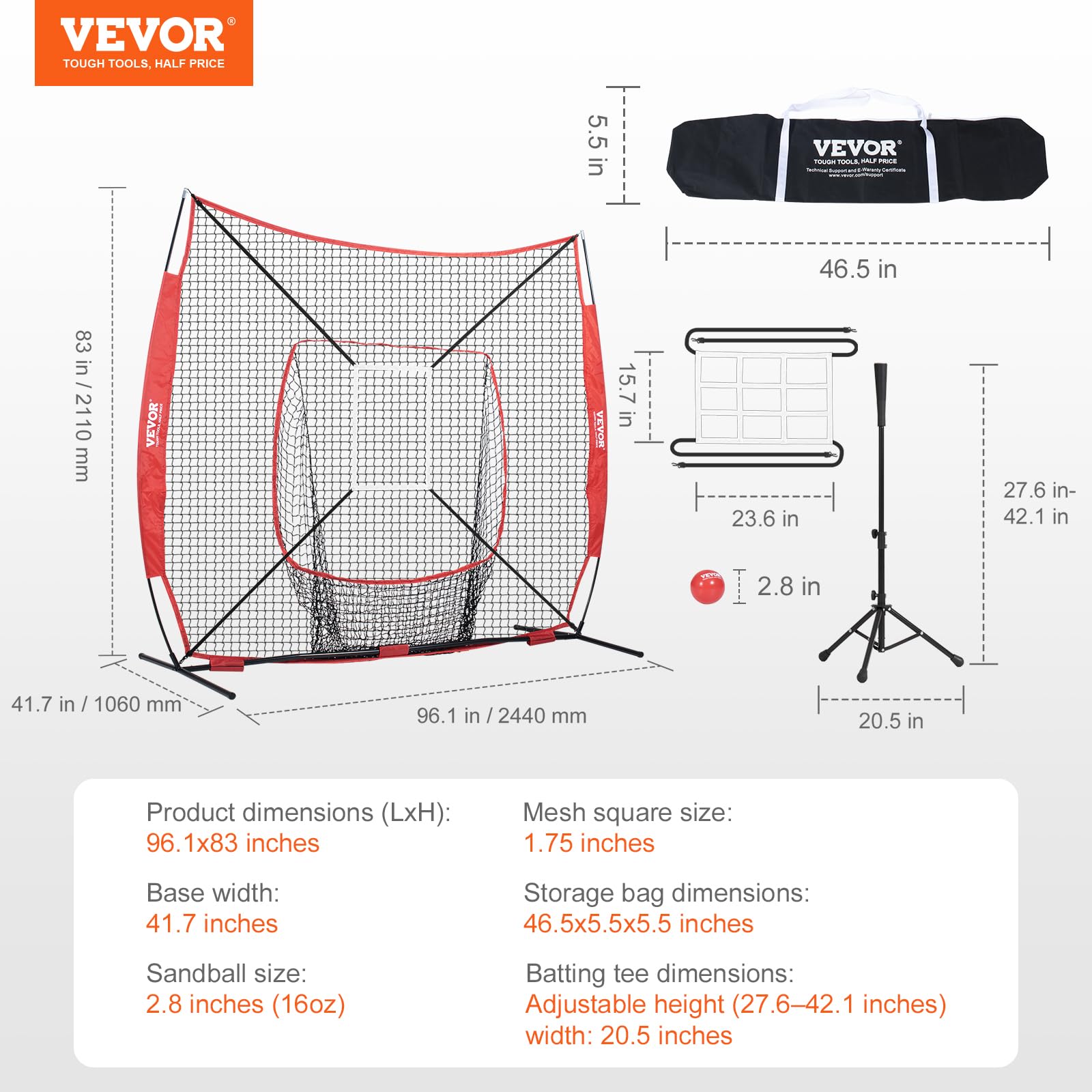 VEVOR Filet d'entraînement de baseball et softball, filet d'entraînement de baseball portable pour frapper, attraper, lancer, équipement de baseball avec cadre d'arc, sac de transport, zone de frappe,