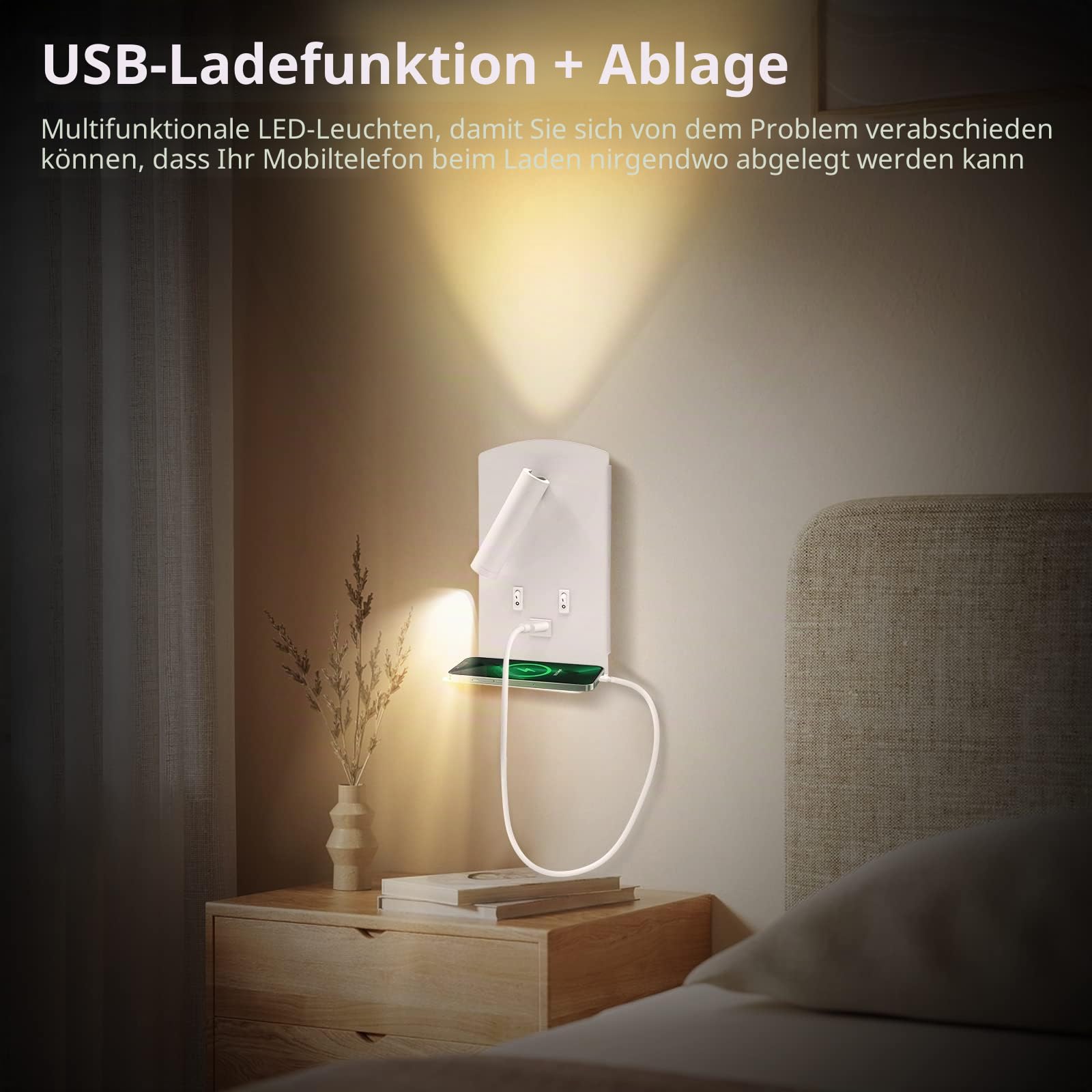 2PCS Wandleuchte Innen LED, Nachttischlampe mit Schalter, USB-Ladeanschluss Wandlampe, 12W Innenwandleuchte, 360°Drehbare, Moderne Wandbeleuchtung, 3000K Warmweiß für Schlafzimmer Wohnzimmer