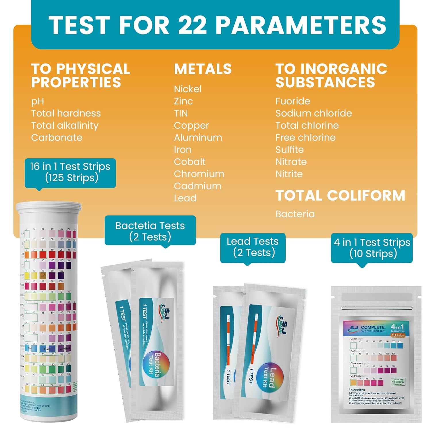 SJ WAVE 22 in 1 Water Test Kits - 125 Strips Drinking Water Test Kit, Home Tap and Well Water Tester for Bacteria pH Hardness Lead Iron Copper Chlorine Cyanuric Acid