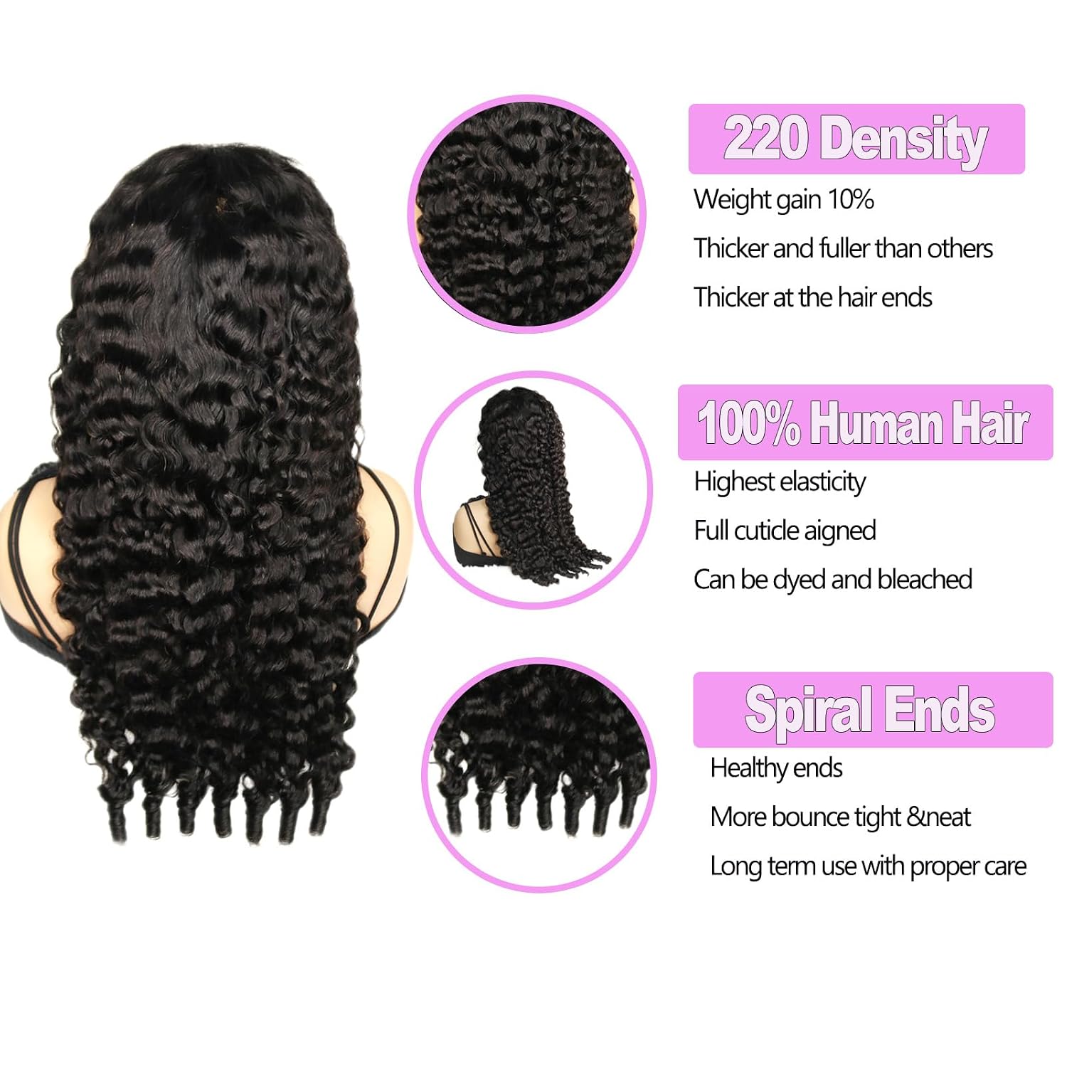 Burmese Curly Wig Human Hair 13x6 Lace Front Wigs Pre Plucked 220 Density HD Transparent Lace Frontal with Spiral End for Women Natural Black 22 Inch